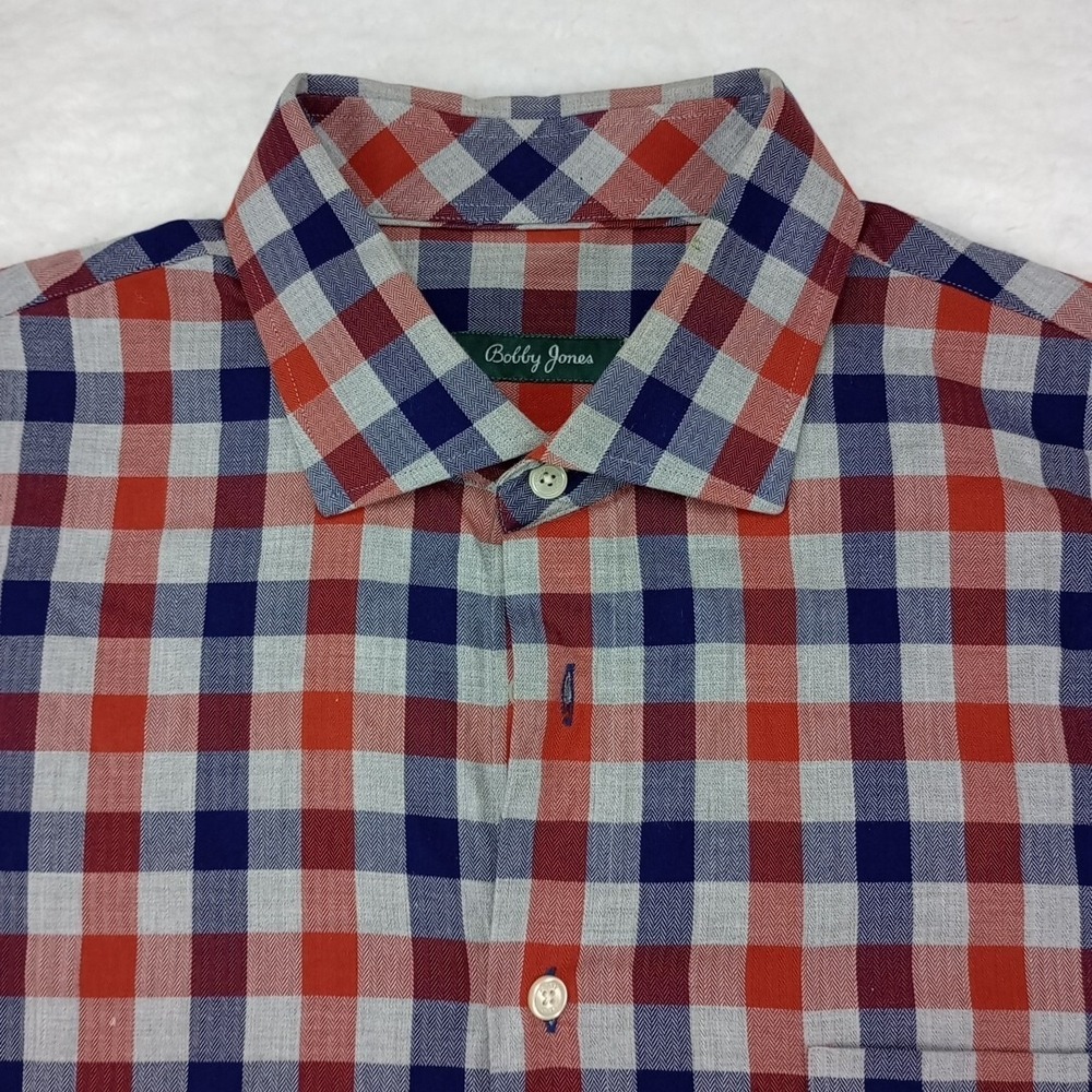 Bobby Jones Collection Mens Golf Button Down Size XL Red Grey Blue Plaid - Picture 2 of 9